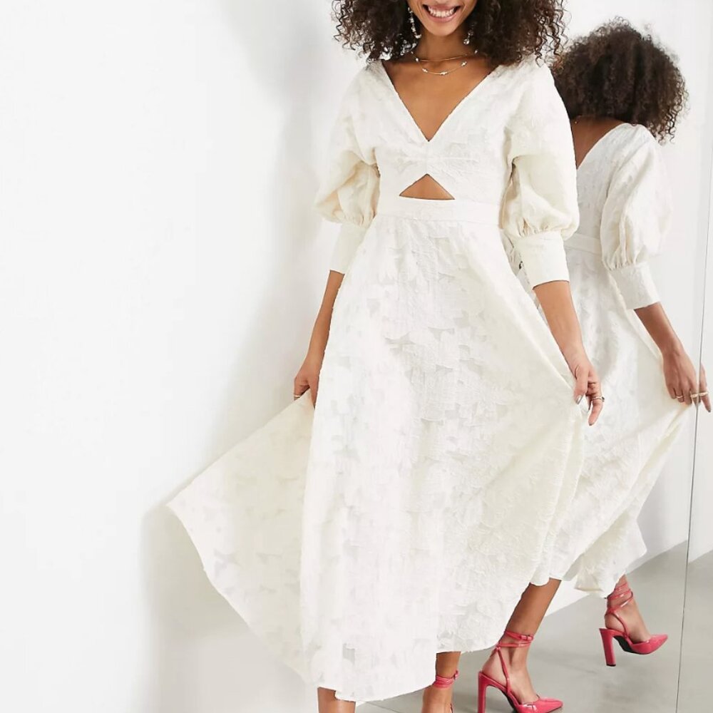 ASOS EDITION V-Neck Organza Chic White Dress | Blouson Sleeves + Cutout